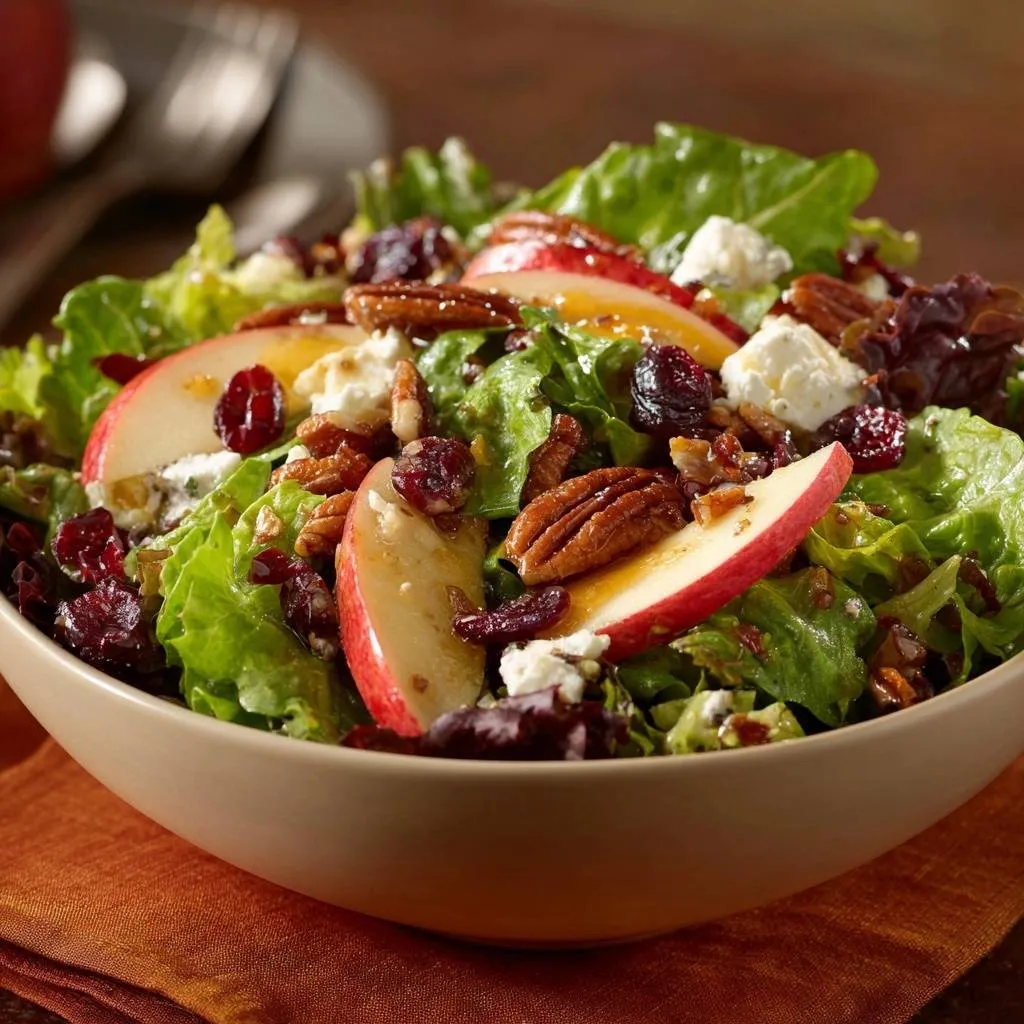 Apple cranberry pecan blue cheese salad close-up in a bowl, showing fresh lettuce, red apple slices, and crumbled cheese.