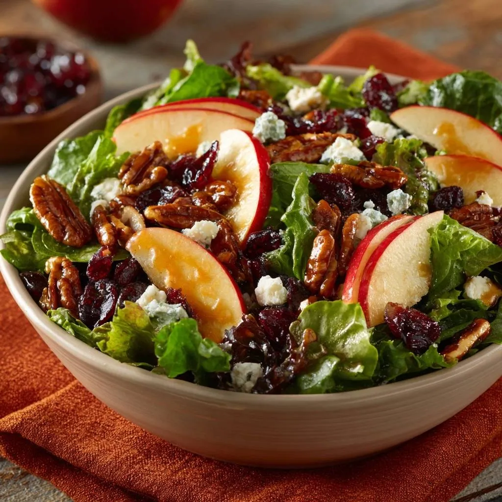 Apple cranberry pecan blue cheese salad shown in a close-up of a rustic bowl with fresh greens and a light dressing.