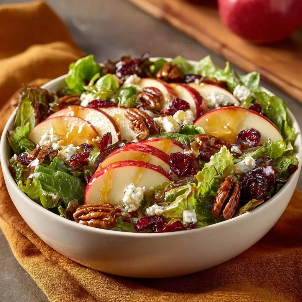 Apple cranberry pecan feta salad in a bowl, showcasing sliced apples, feta cheese, and pecans with a drizzle of dressing.