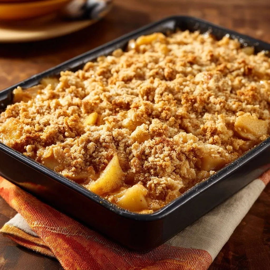 Apple crisp with a close-up view of the golden, crumbly topping in a black baking dish.
