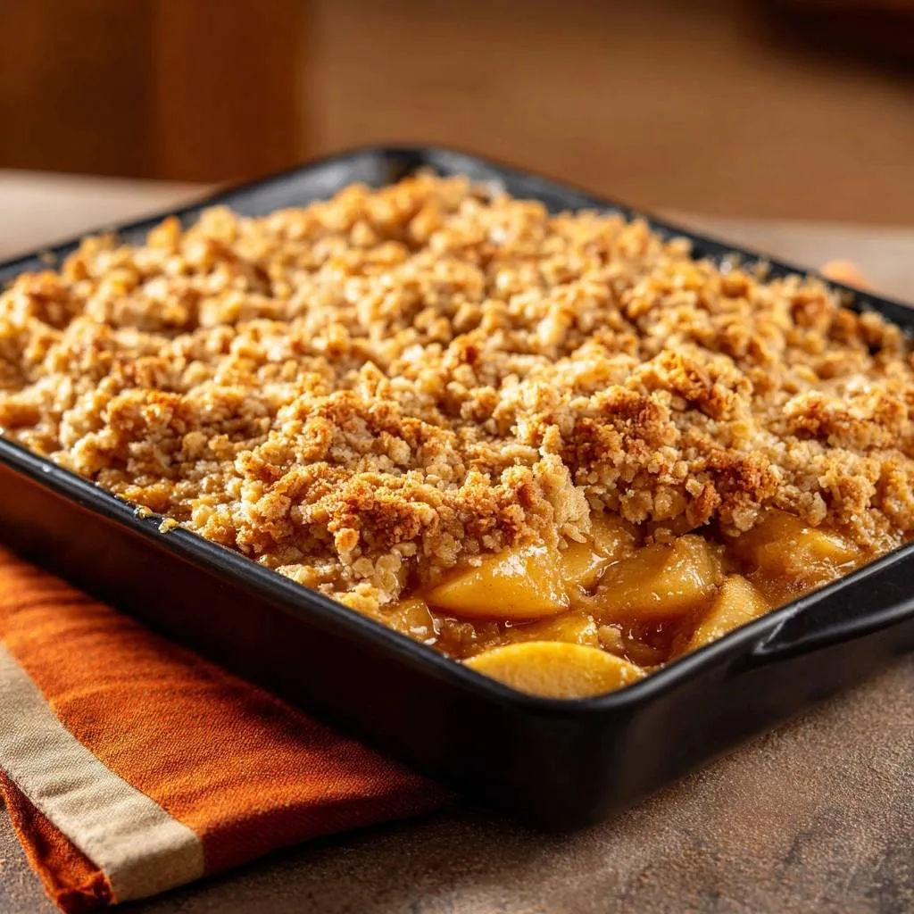 Apple crisp with crispy topping shown in a black baking dish with a close-up view of the golden-brown topping.