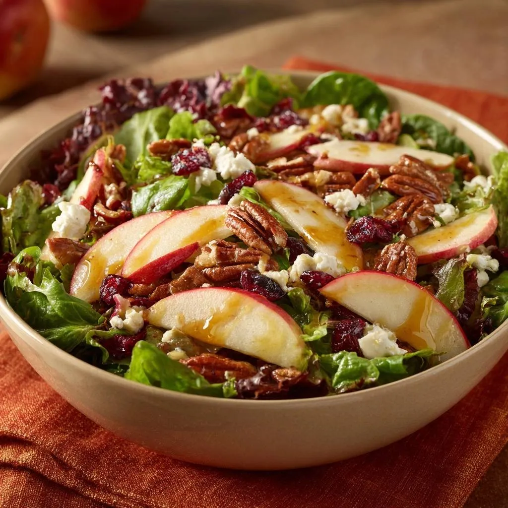 Apple pecan blue cheese harvest salad in a bowl, with a close-up view of sliced apples, pecans, and crumbled cheese.