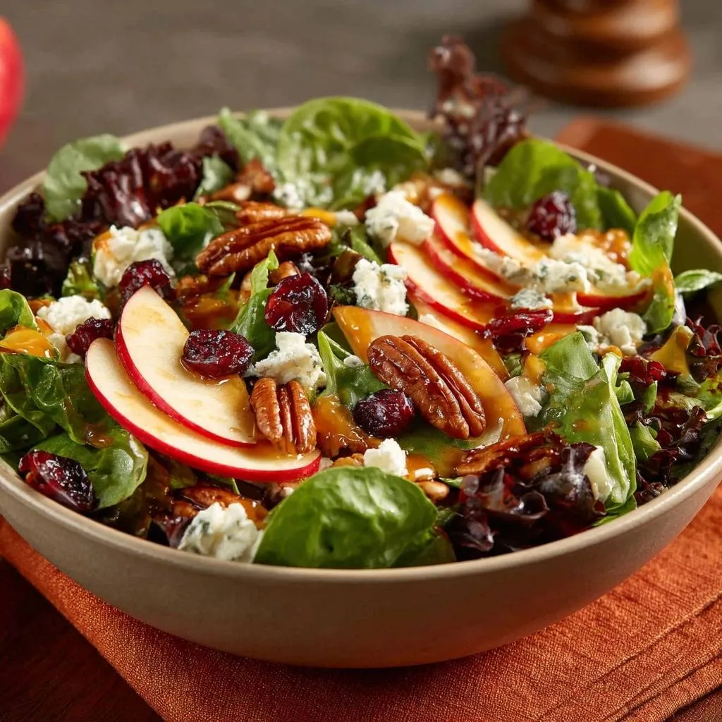 Apple Pecan Blue Cheese Harvest Salad shown in a bowl with sliced apples, pecans, cranberries, and blue cheese, presented in an overhead view.