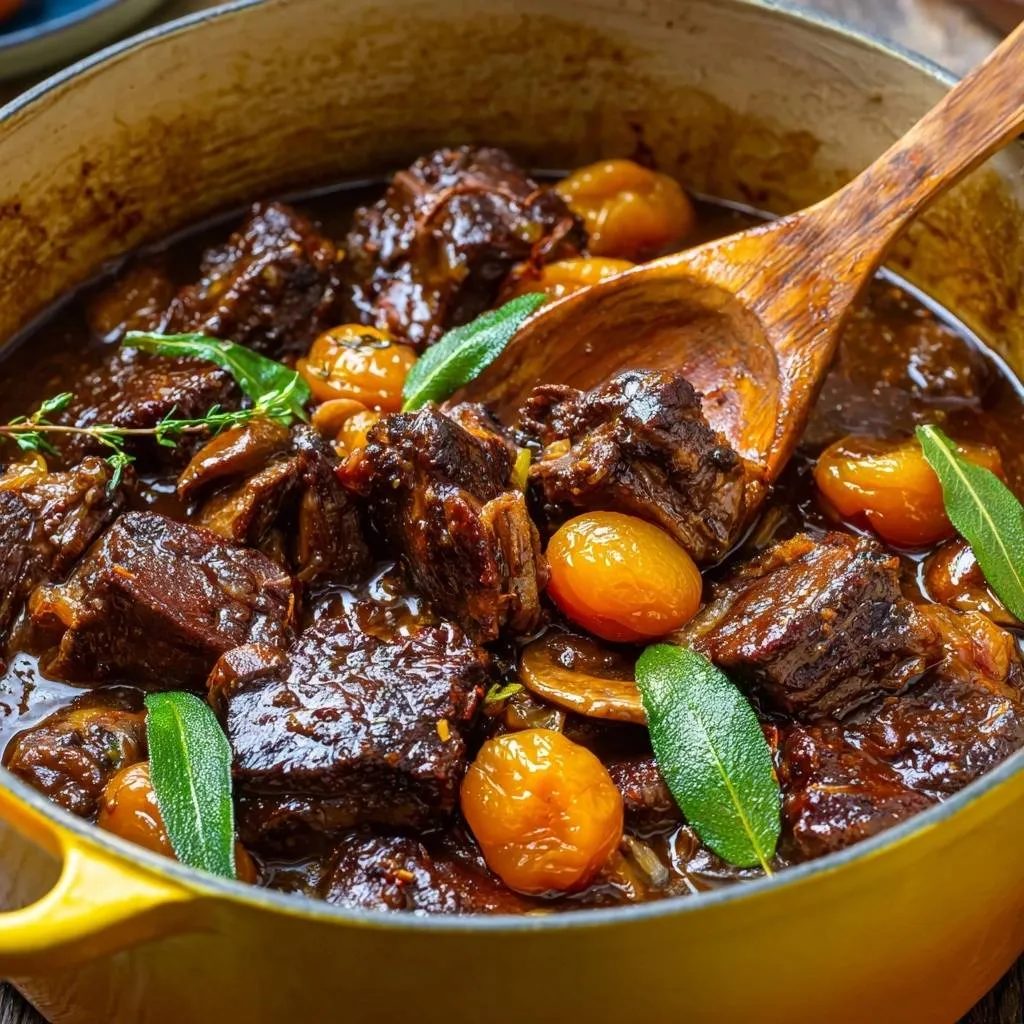 Apricot braised beef is shown in a yellow pot with a wooden spoon scooping up tender chunks and apricots.