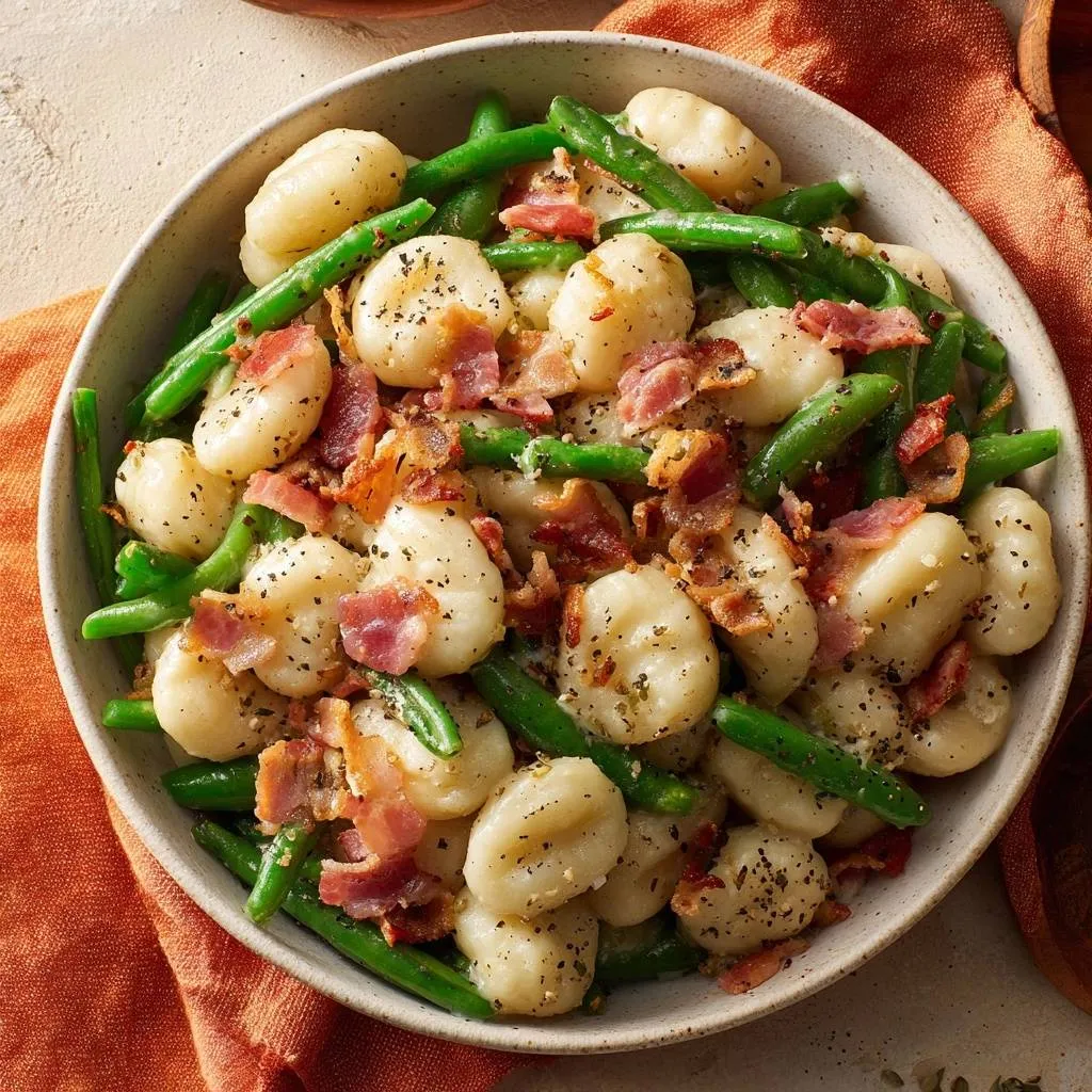 Bacon and green bean gnocchi in a bowl, showing the pillowy texture and scattered crispy bacon bits.