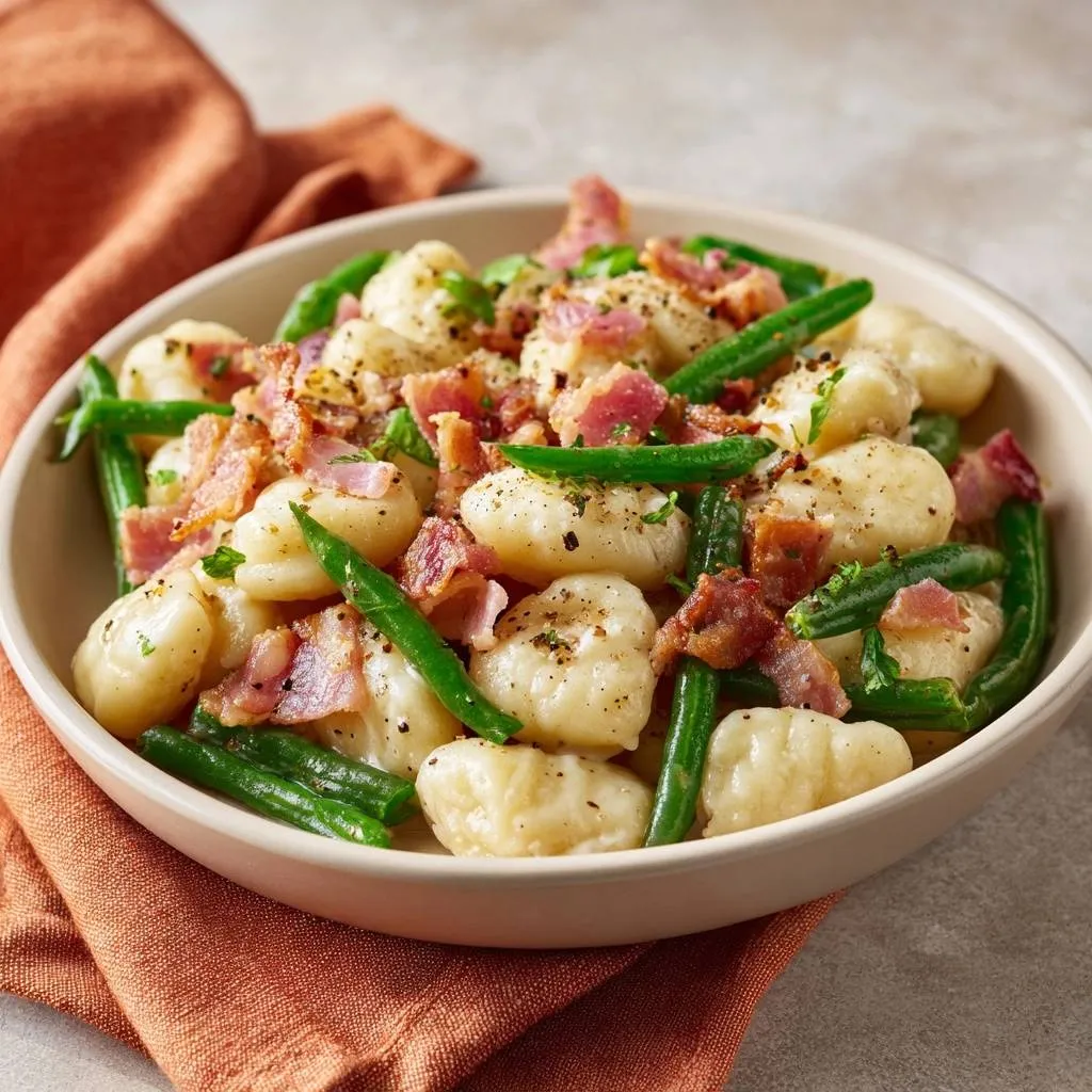 Bacon and green bean gnocchi served in a bowl with a close-up view of the textures.