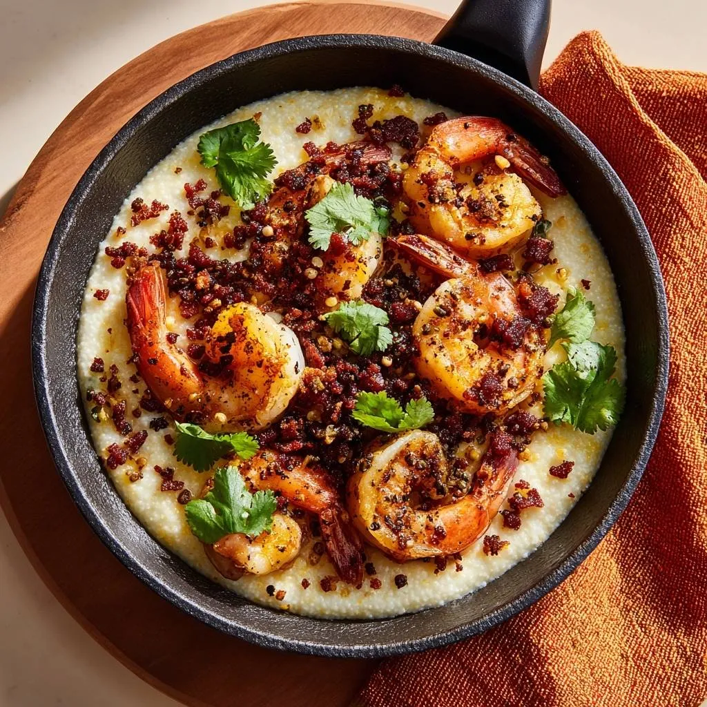 Bacon shrimp and grits in a cast iron skillet, presented in an overhead view with a rustic garnish.