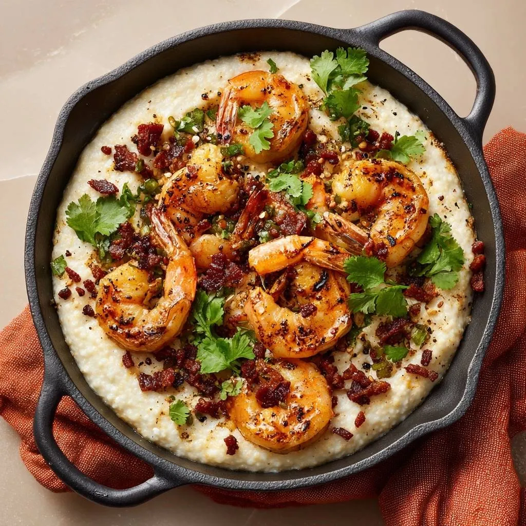 Bacon shrimp and grits served in a cast iron skillet, viewed from directly above and garnished with cilantro.