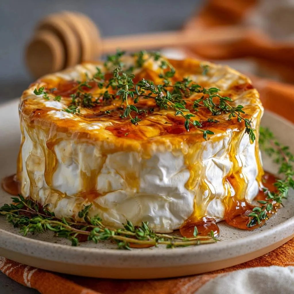 Baked brie with honeyed cherries and thyme, featuring a generous drizzle of golden honey and fresh thyme sprigs.