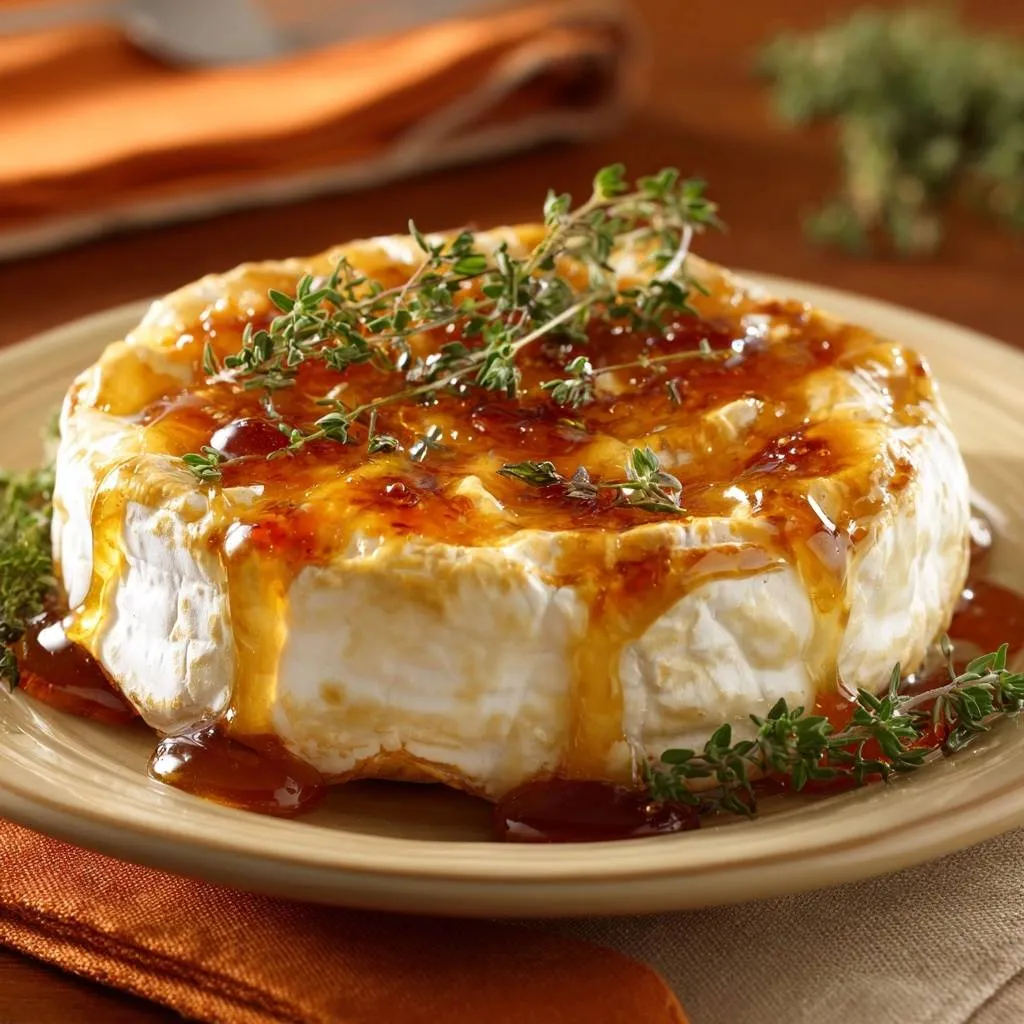 Baked brie with honeyed cherries and thyme, drizzled with a glistening glaze and garnished with fresh herbs.