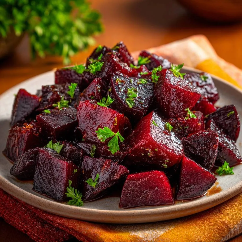 Balsamic glazed beets, cut into cubes and generously garnished with fresh parsley, showcasing their rich color.
