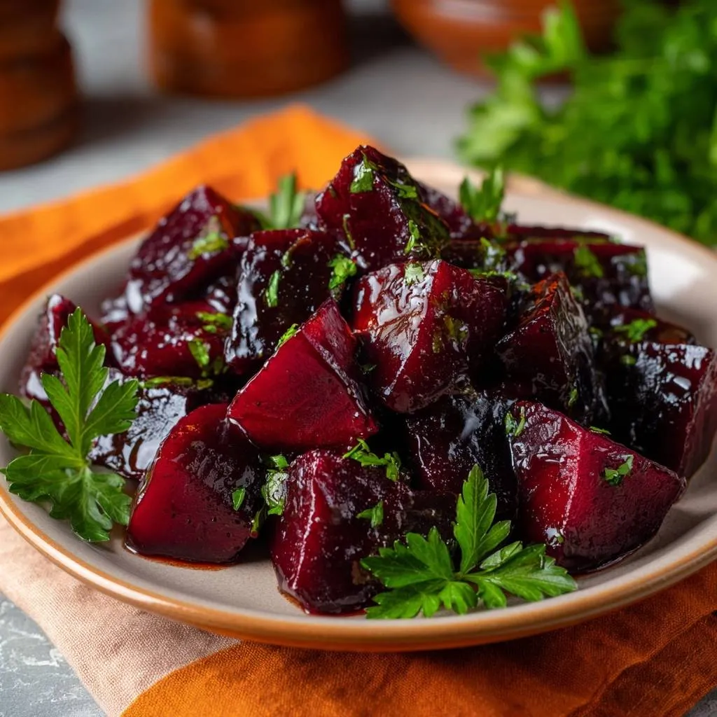 Balsamic glazed beets, cut into cubes and glistening, are served on a plate garnished with fresh parsley.