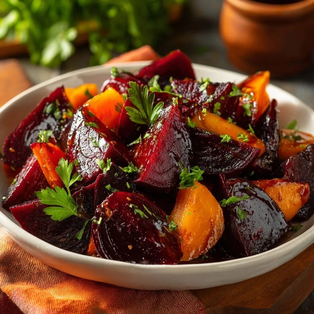 Balsamic glazed roasted beets and carrots in a white bowl, garnished with fresh parsley, shown in a close-up view.