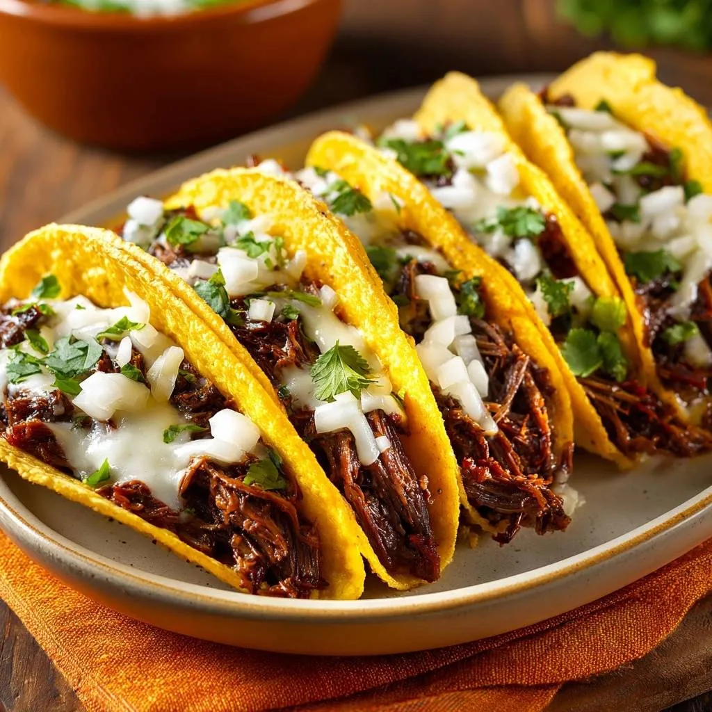 Barbacoa beef tacos shown in a close-up view on a plate, garnished with onions and cilantro.