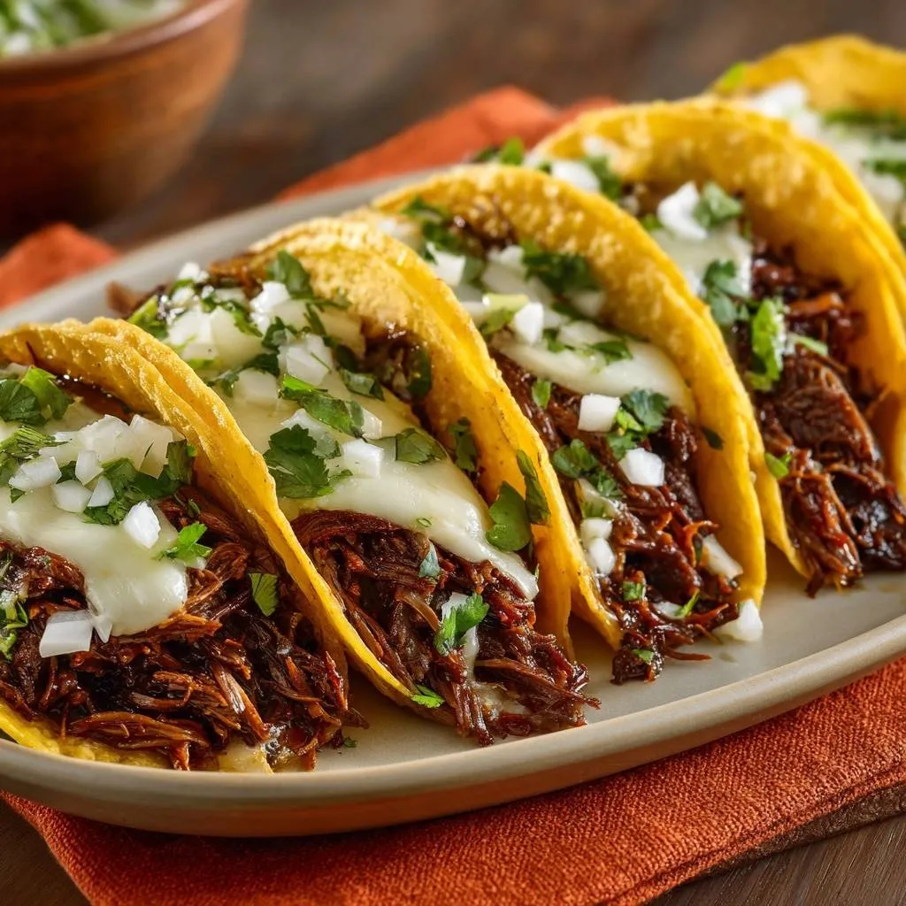 Barbacoa beef tacos with melted cheese and onion garnish served on a plate.