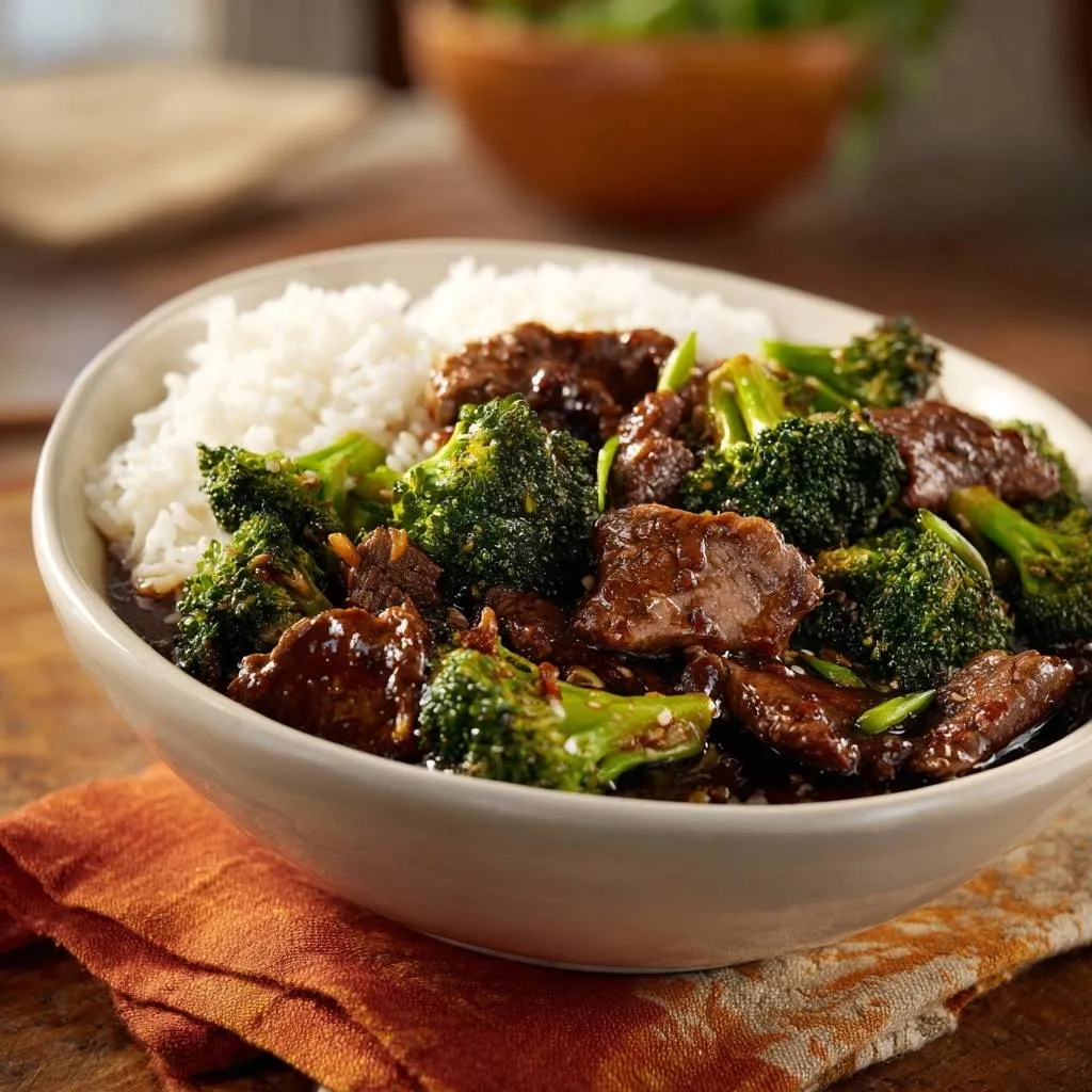 Beef and broccoli over rice served in a white bowl, showcasing tender meat and vibrant green florets in a savory sauce.