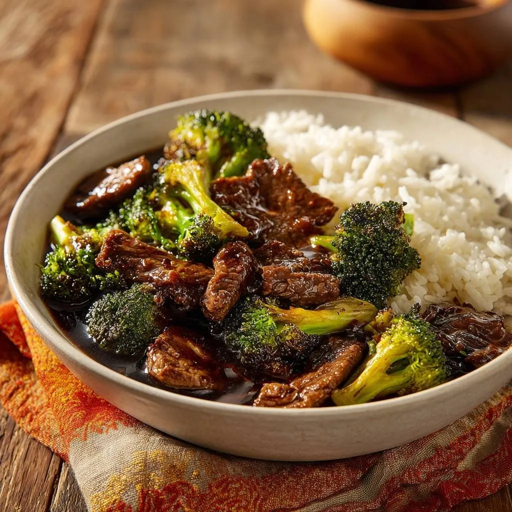 Beef and broccoli over rice served in a close-up view of a bowl on a wooden table.