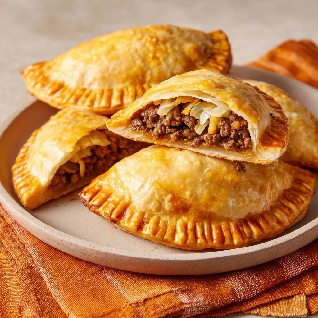 Beef cabbage empanadas, a close-up cross-section revealing the savory filling and flaky golden crust.
