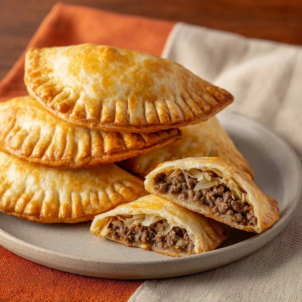 Beef cabbage empanadas with a flaky crust, shown in a close-up cross-section revealing the savory meat and cabbage filling.