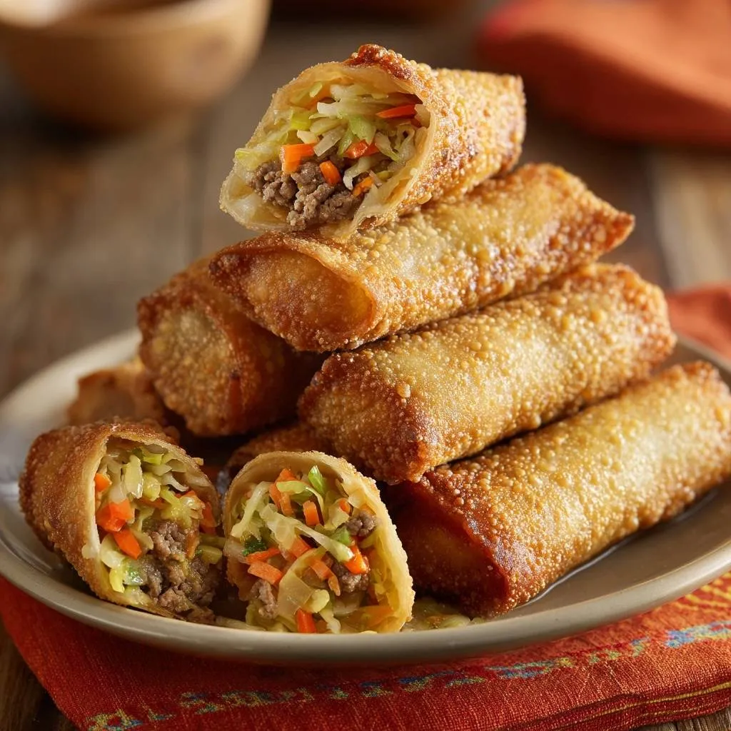 Crispy beef egg rolls shown in a close-up cross-section, stacked on a plate with a red napkin.