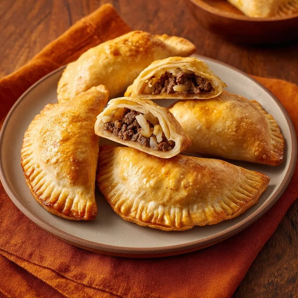 Beef empanadas with a close-up cross-section revealing the savory meat and onion filling.