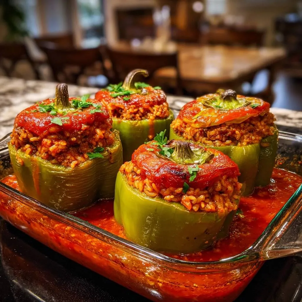 Beef and rice stuffed peppers are presented in a glass baking dish, topped with tomato sauce and fresh parsley.