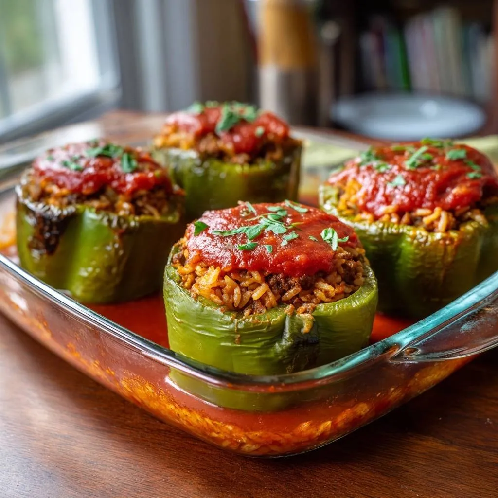 Beef and rice stuffed peppers are baked in a glass dish, topped with sauce and parsley garnish.