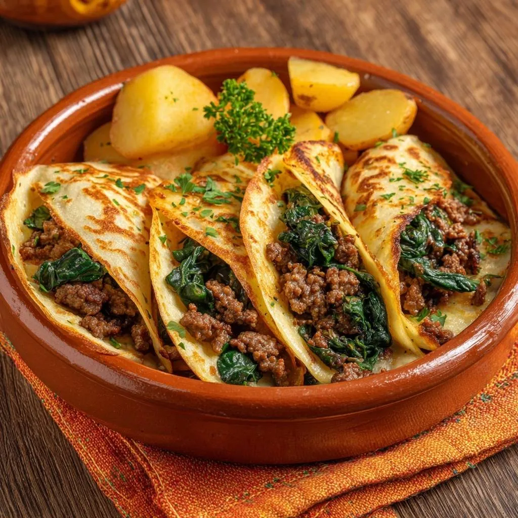 Beef and spinach crepes presented in a clay bowl, showcasing the savory filling and golden crepes.