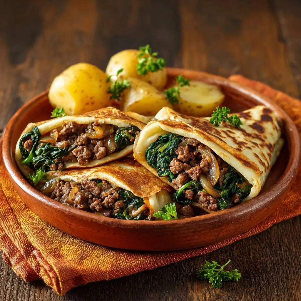 Beef and spinach crepes shown in a cross-section revealing the savory ground beef and green spinach filling.