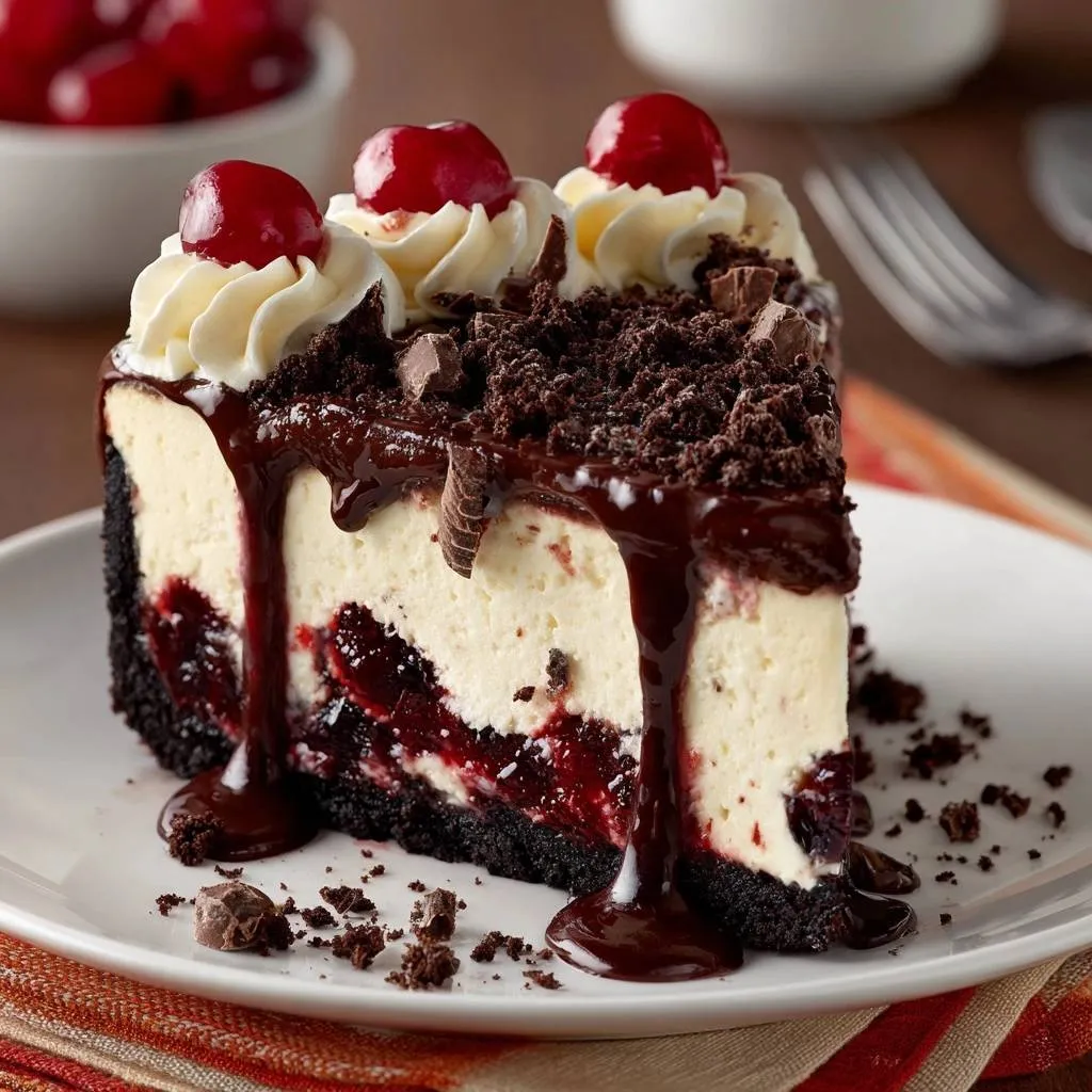 Black Forest Cheesecake: a decadent slice revealing its rich cherry and chocolate layers.