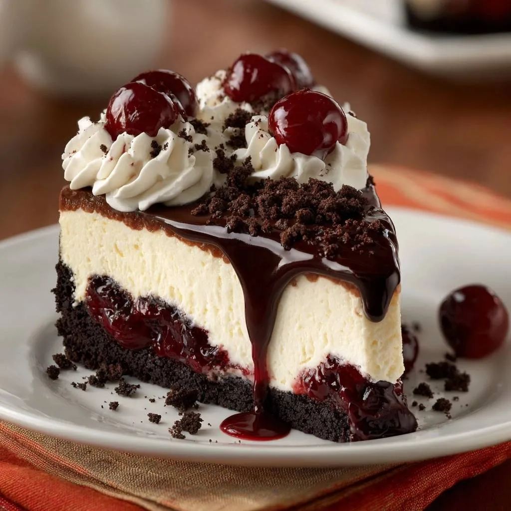 Black Forest Cheesecake slice generously drizzled with chocolate sauce and topped with cherries and whipped cream.