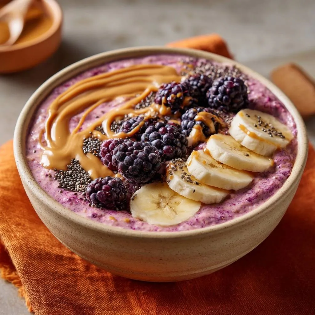 Blackberry peanut butter oat bowl with fresh berries, banana slices, and chia seeds, viewed from above.