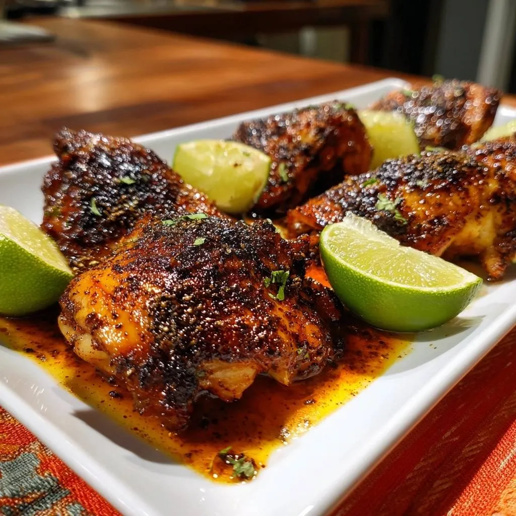 Blackened chicken thighs with a juicy crust, served on a white platter with fresh lime wedges and chopped parsley.