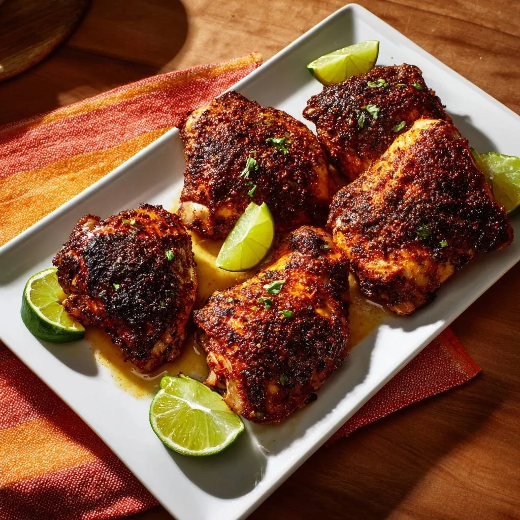 Blackened chicken thighs seasoned with a dark spice rub, served on a white platter with fresh lime wedges.