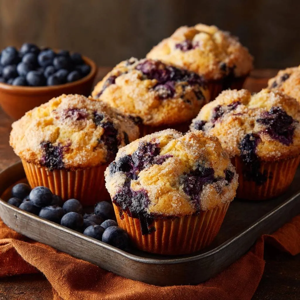 Bakery-style blueberry streusel muffins arranged on a metal tray with fresh blueberries scattered around.