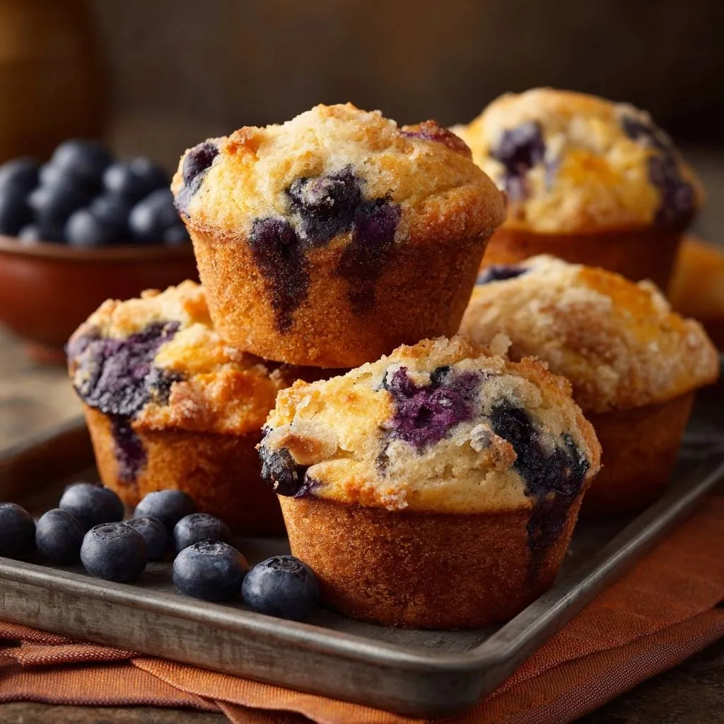 Bakery-style blueberry streusel muffins stacked invitingly on a metal tray with fresh blueberries scattered around.