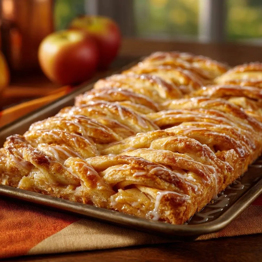 Braided apple pastry with a close-up view of its flaky, woven crust drizzled with icing.