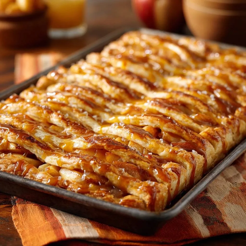 Braided apple pastry with a glistening caramel glaze and visible coarse sugar crystals on top.