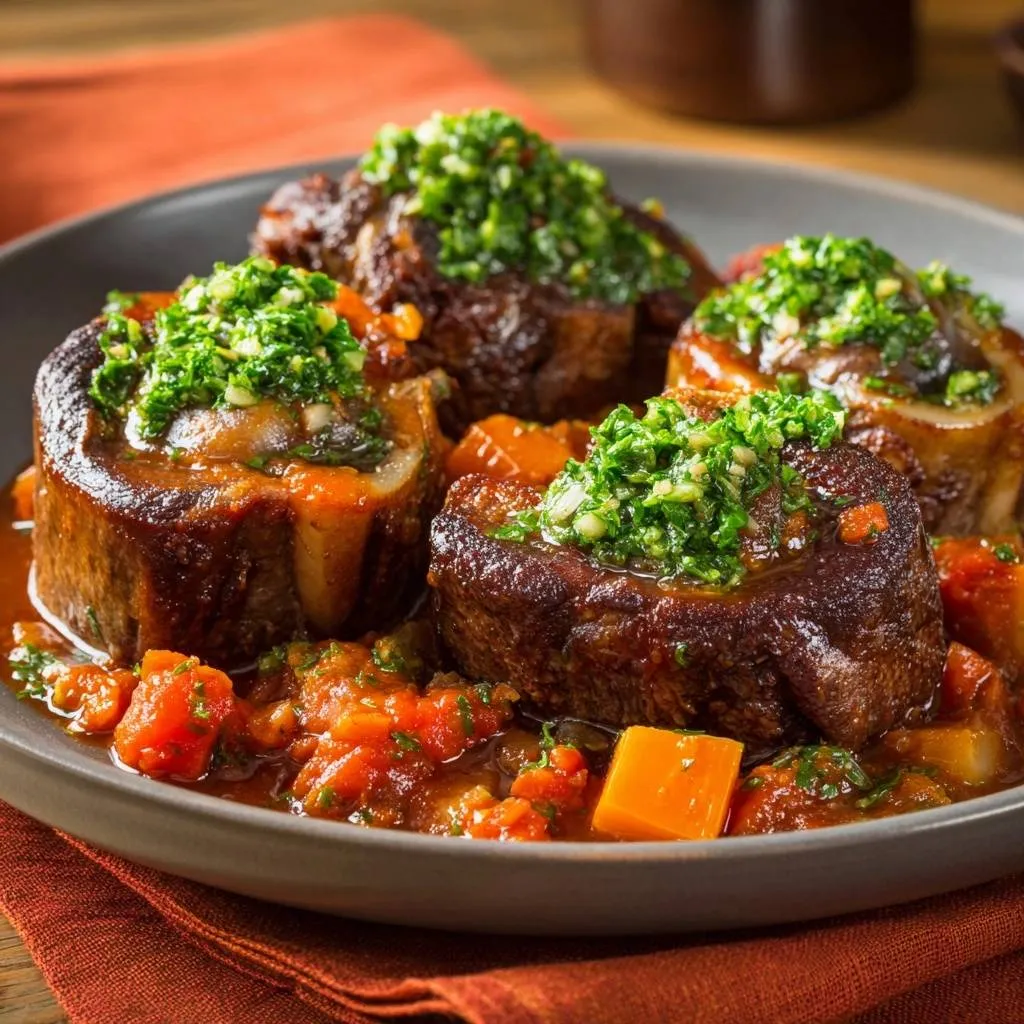 Braised beef shanks with carrots served plated with a close-up view of the tender meat and vibrant vegetable sauce.