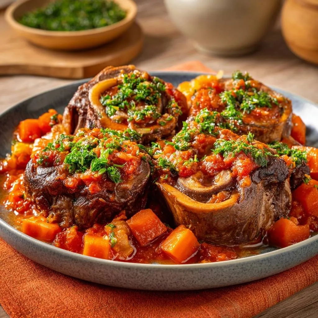 Braised beef shanks with carrots plated and garnished with fresh parsley, shown in a close-up view.