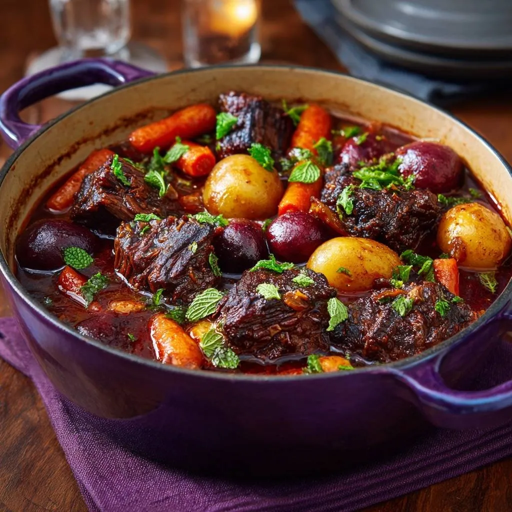 Braised beef with beets, carrots, and potatoes served in a rustic purple Dutch oven, garnished with fresh mint.