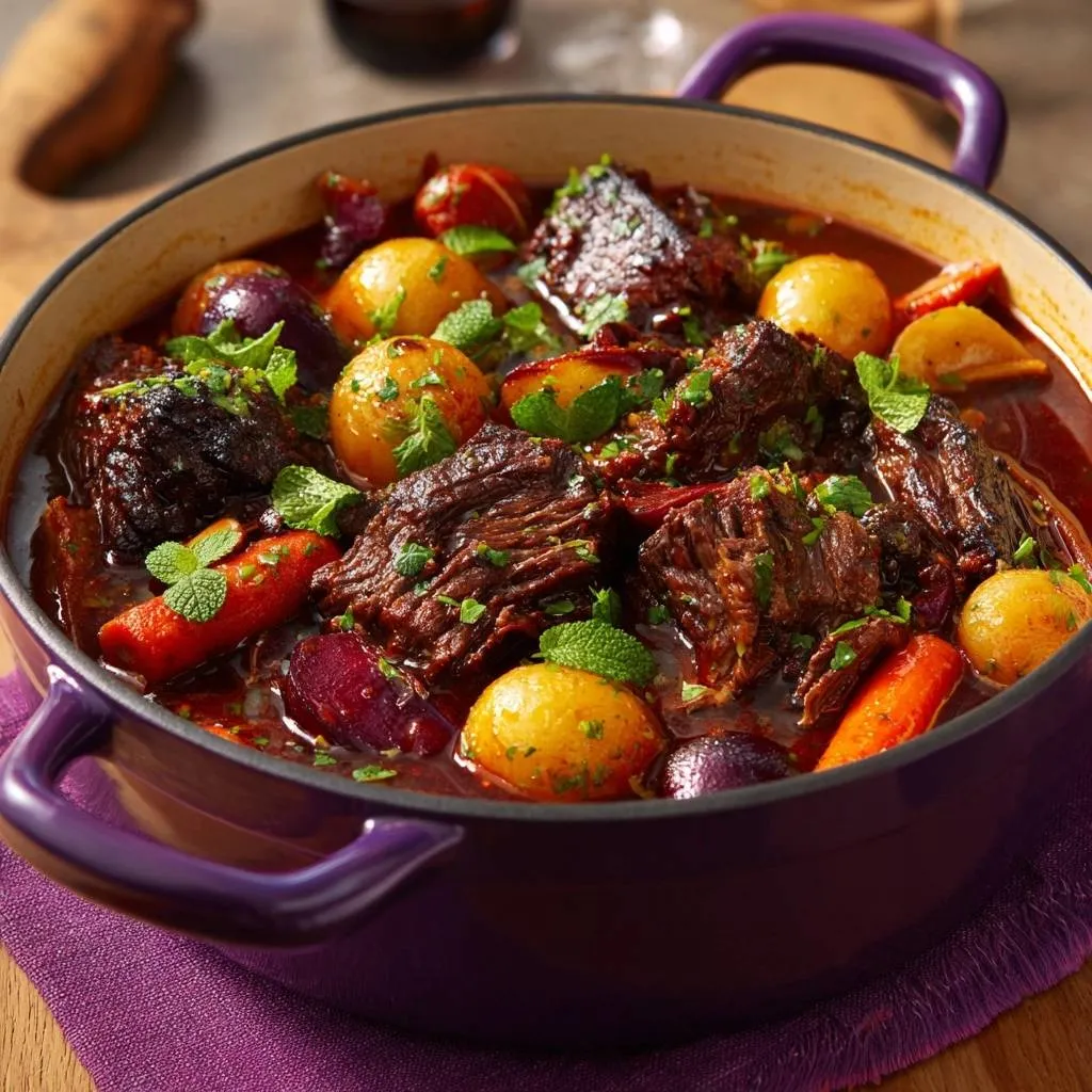 Braised beef with beets, carrots, and potatoes served in a purple dutch oven, garnished with fresh mint.