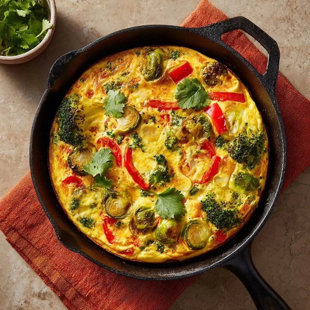 Broccoli Brussels Pepper Frittata in a cast iron skillet, shown from an overhead view with fresh cilantro garnish.