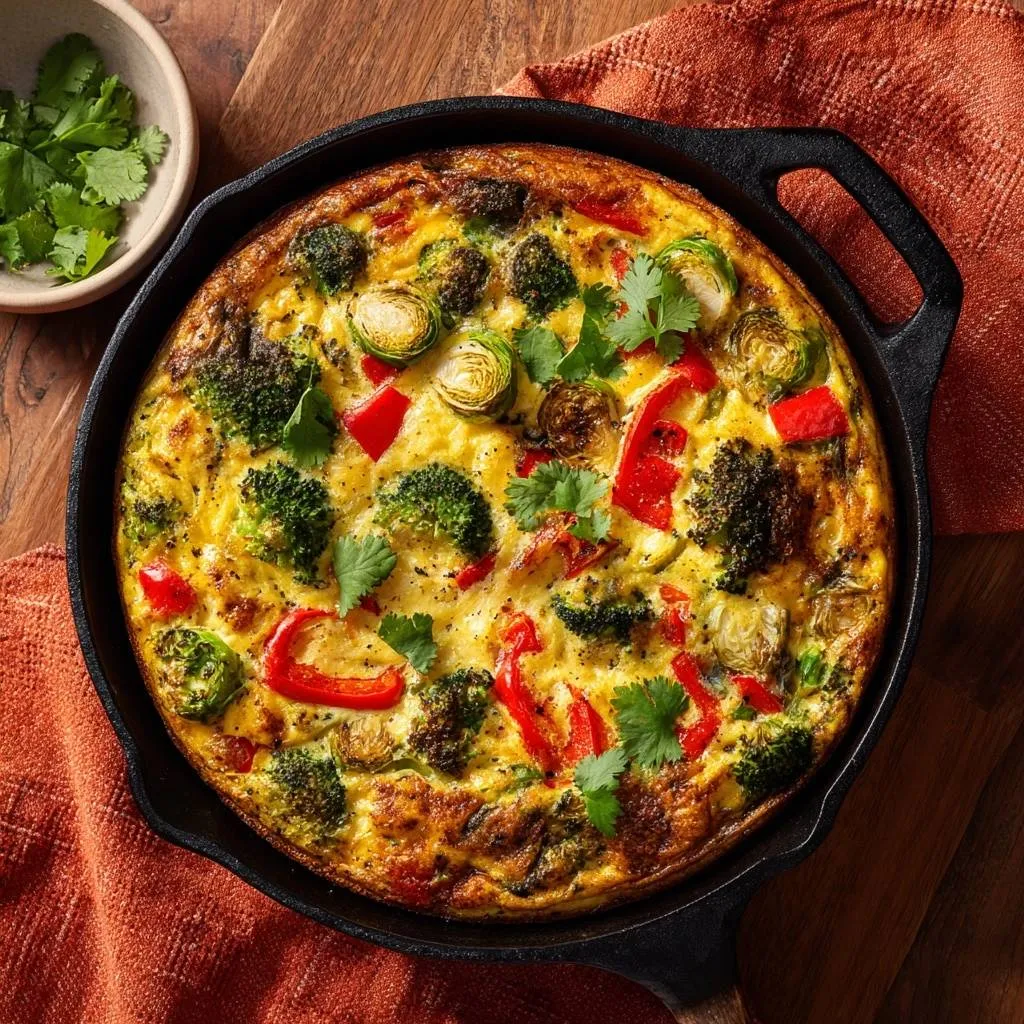 Broccoli Brussels Pepper Frittata presented overhead in a cast-iron skillet, showcasing colorful vegetables and a golden-brown crust.