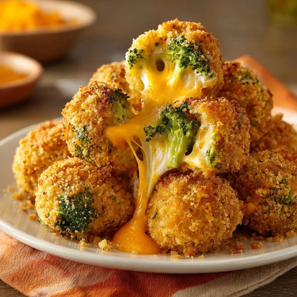 Crispy broccoli cheddar bites showing a gooey cheese pull from the center of the appetizer.