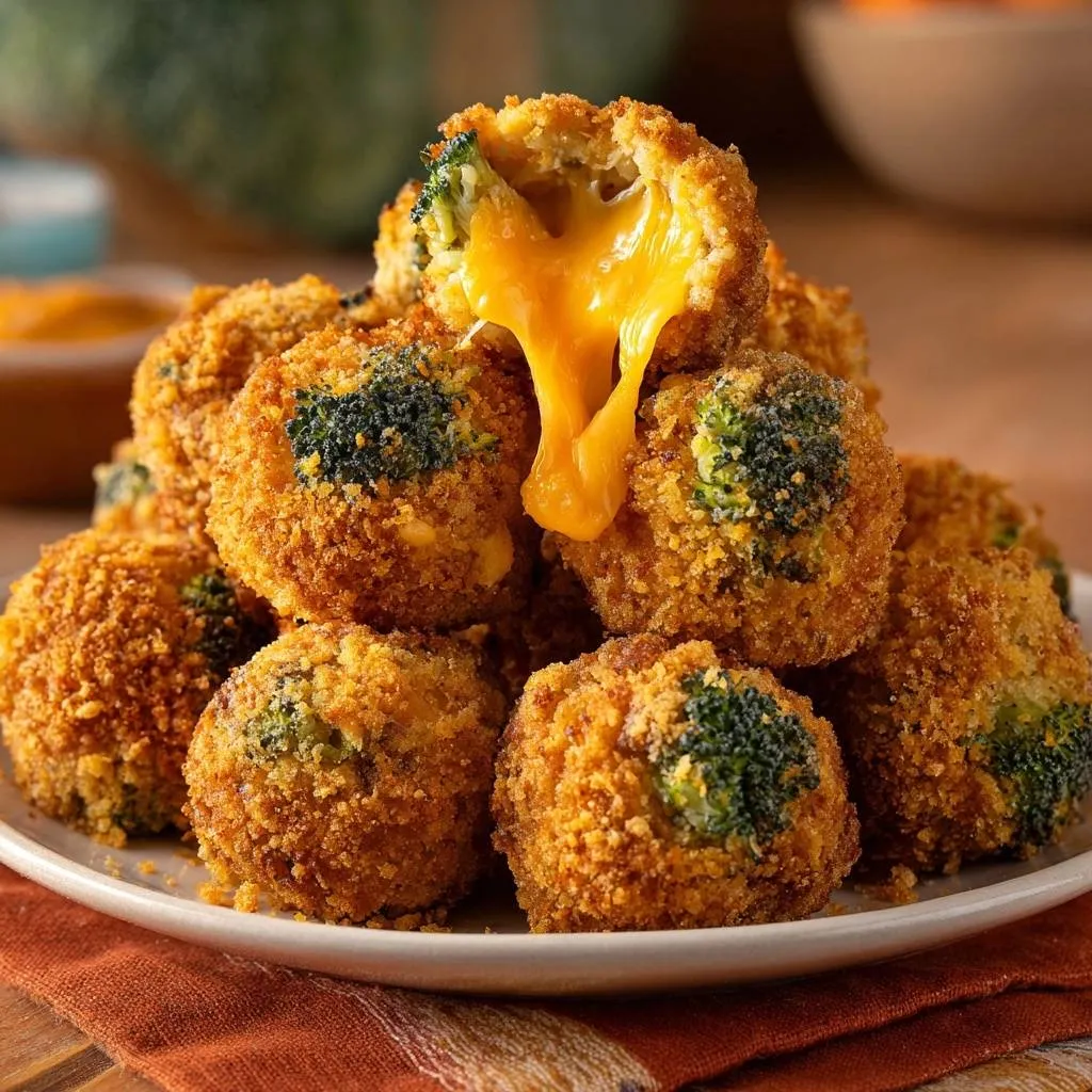 Crispy broccoli cheddar bites showing a gooey melted cheese cross-section, a close-up view.