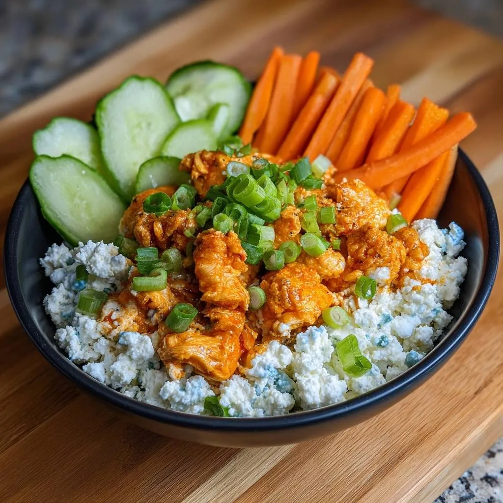 Buffalo chicken cauliflower rice bowl recipe shown from an overhead perspective with cucumbers, carrots, and blue cheese.