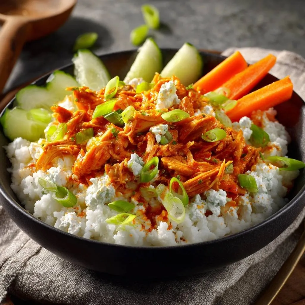Buffalo chicken cauliflower rice bowl served with cucumber and carrots, shown from an overhead perspective.
