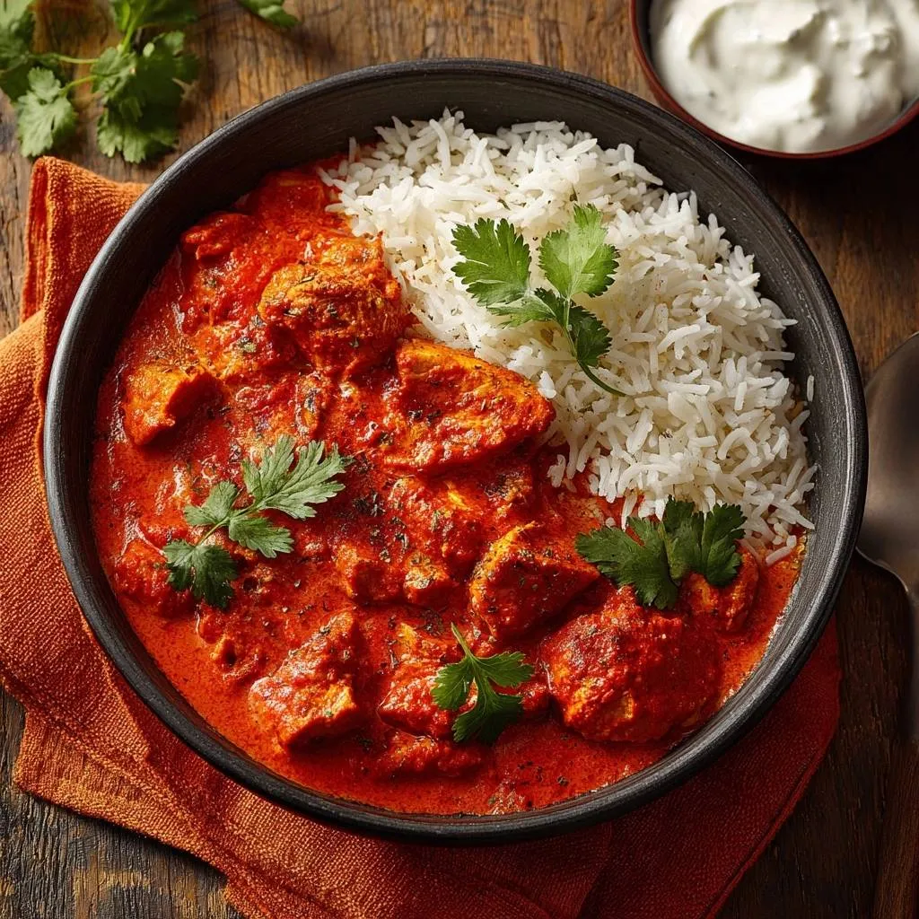 Butter Chicken served in a dark bowl with basmati rice and a side of yogurt dip.