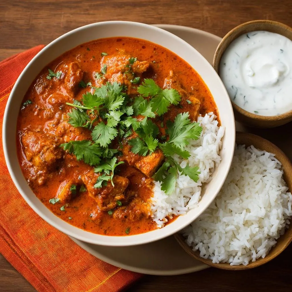 Butter chicken served in a bowl with fluffy white rice and garnished with fresh cilantro leaves.